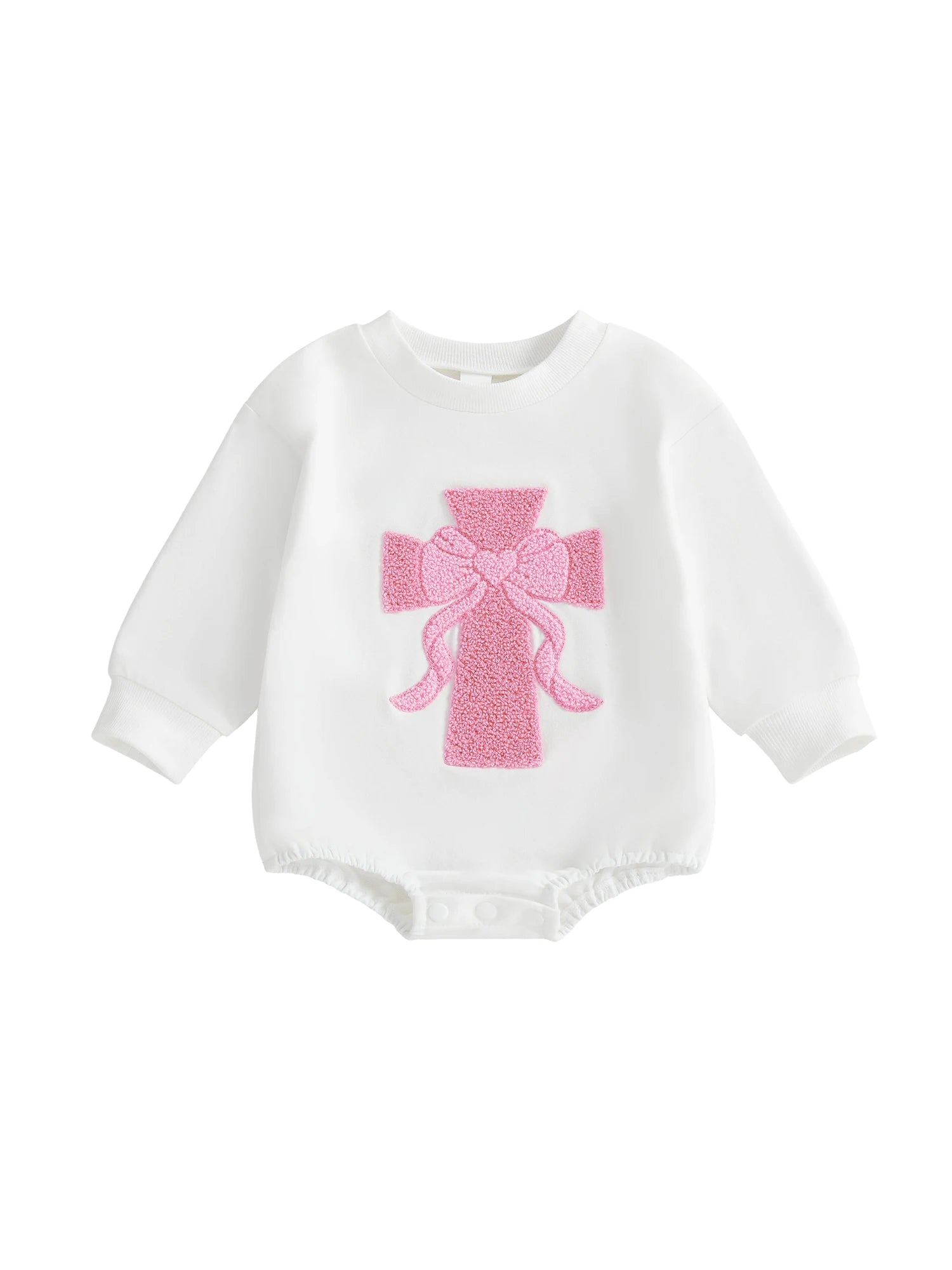 Infant Girl Fall Sweater Jumpsuit with Long Sleeves and O Neckline Adorned with Bow and Cross Embroidery