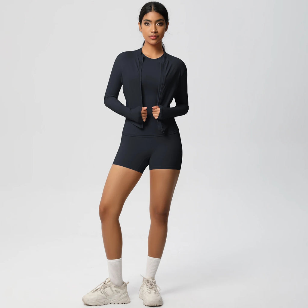 3PCS/set Sports Fitness Clothing Yoga Set Sports Running Long Sleeves Zipper Jacket High Waist Quick-Dry Shorts Gym Yoga Set