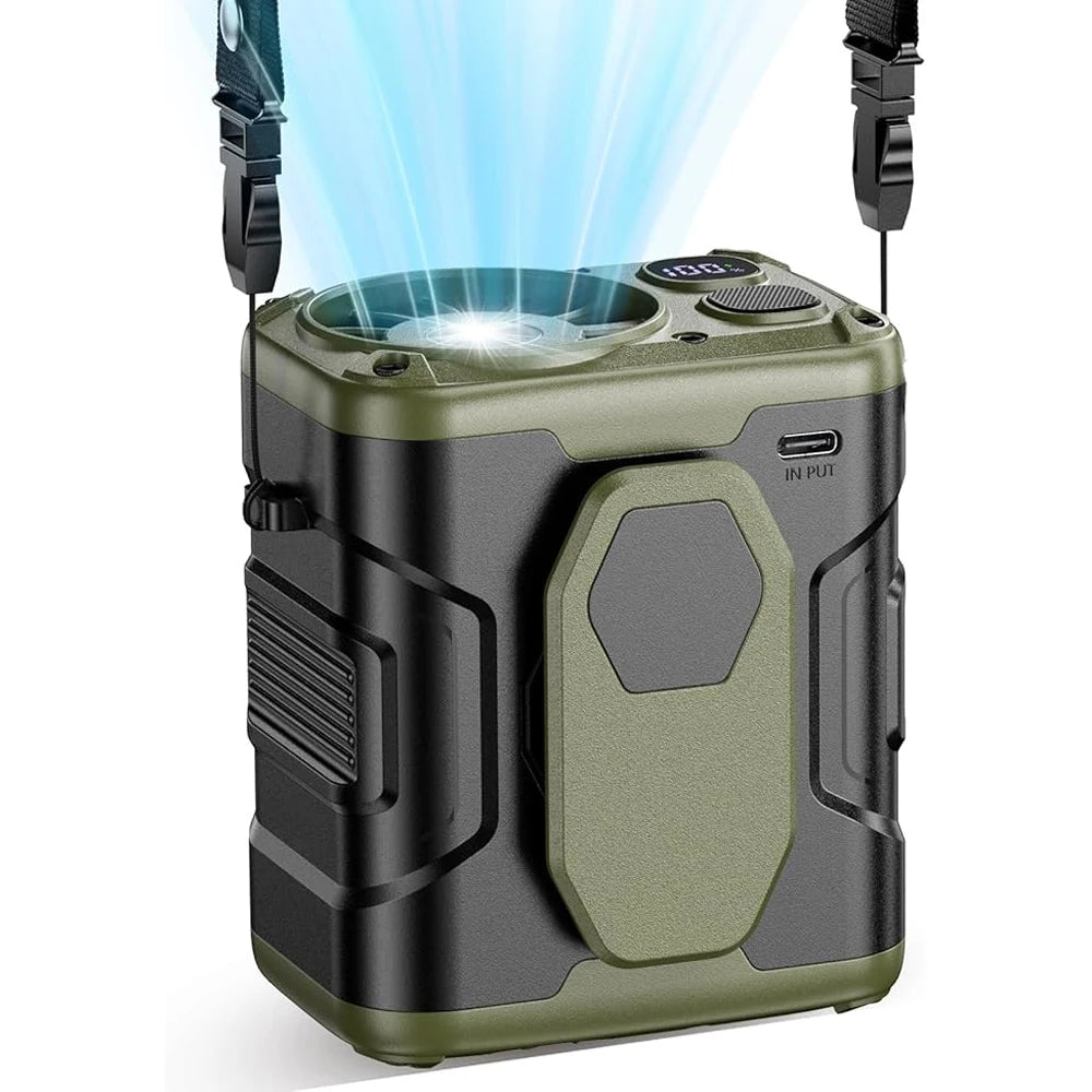 10000mAh Portable Waist Fan with Power Bank LED Lighting Hanging Neck Fan 5 Speed Strong Airflow Cooling Fan for Outdoor Working