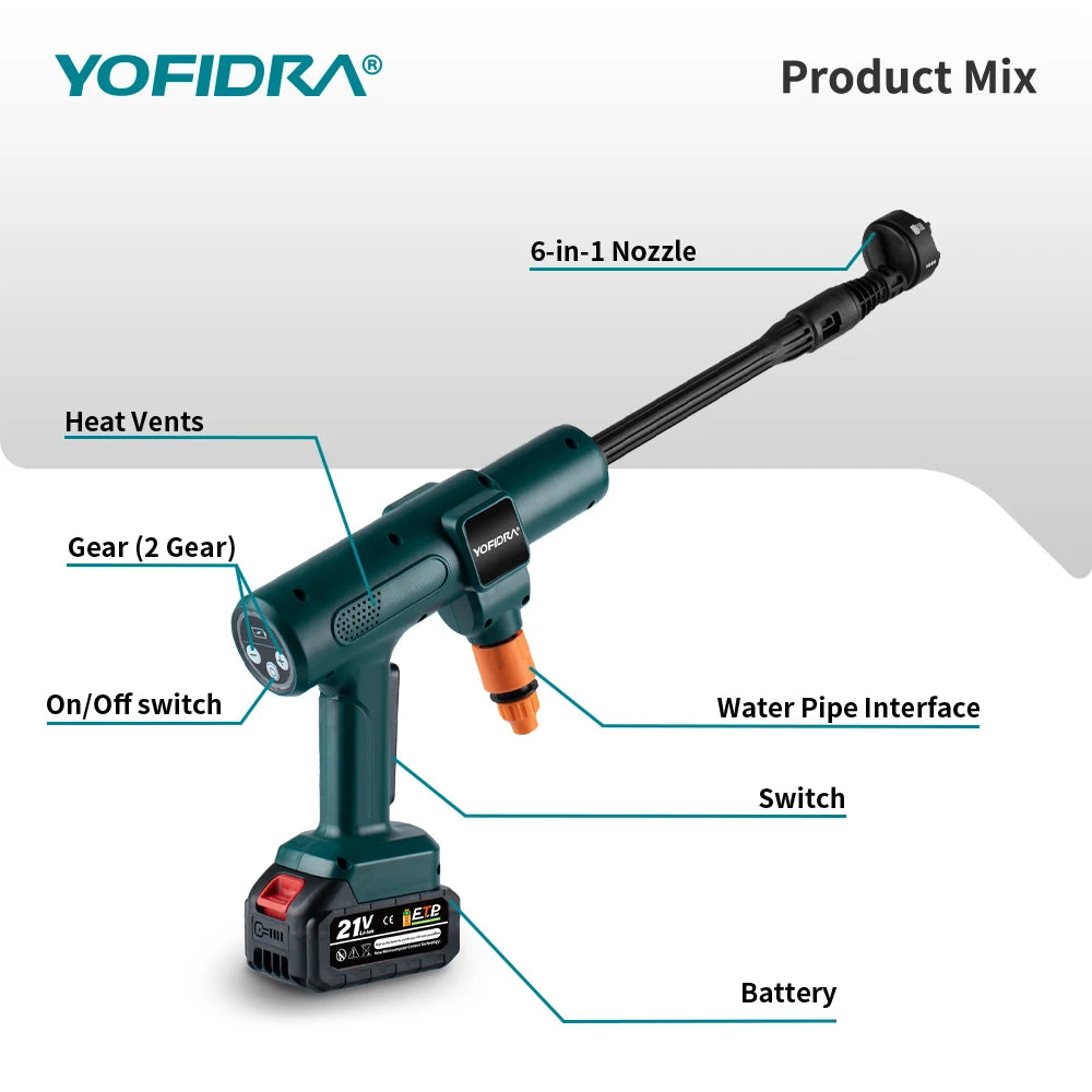 YOFIDRA Brushless 200Bar Car Washer Electric High Pressure Washer Water Gun 6IN1 Cordless Cleaning Garden For Makita Battery Pin