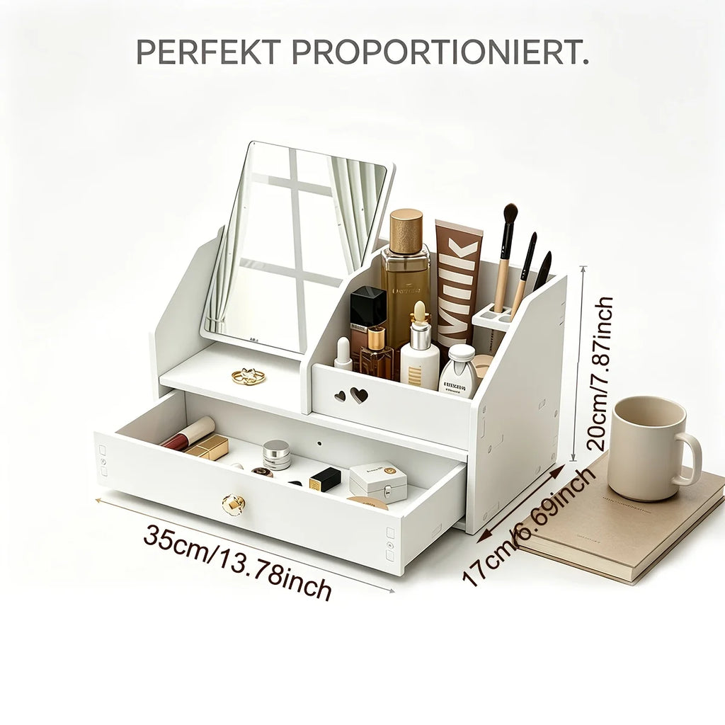 White Makeup Organizer with Mirror & Drawer, Multi-Compartment Cosmetic Storage for Vanity