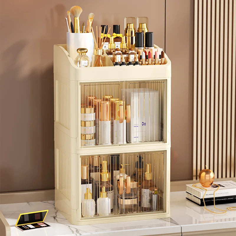 3 to 4-Tier Foldable Makeup Organizer with Drawer Function— Provides Spacious Storage for Cosmetics, Jewelry, Perfume, Lipstick, Makeup Brushes, Stationery, and Bathroom Supplies— Easy to Assemble, Compact Design Suitable