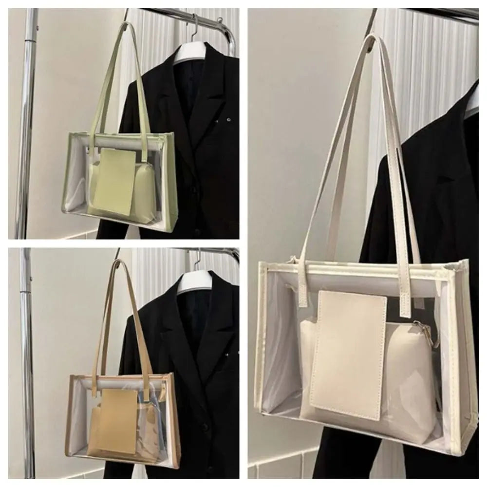 2pcs/set Elegant Transparent Jelly Bag Large Capacity Candy Color PVC Composite Tote Bags Storage Pouch PU Leather Handbag Women