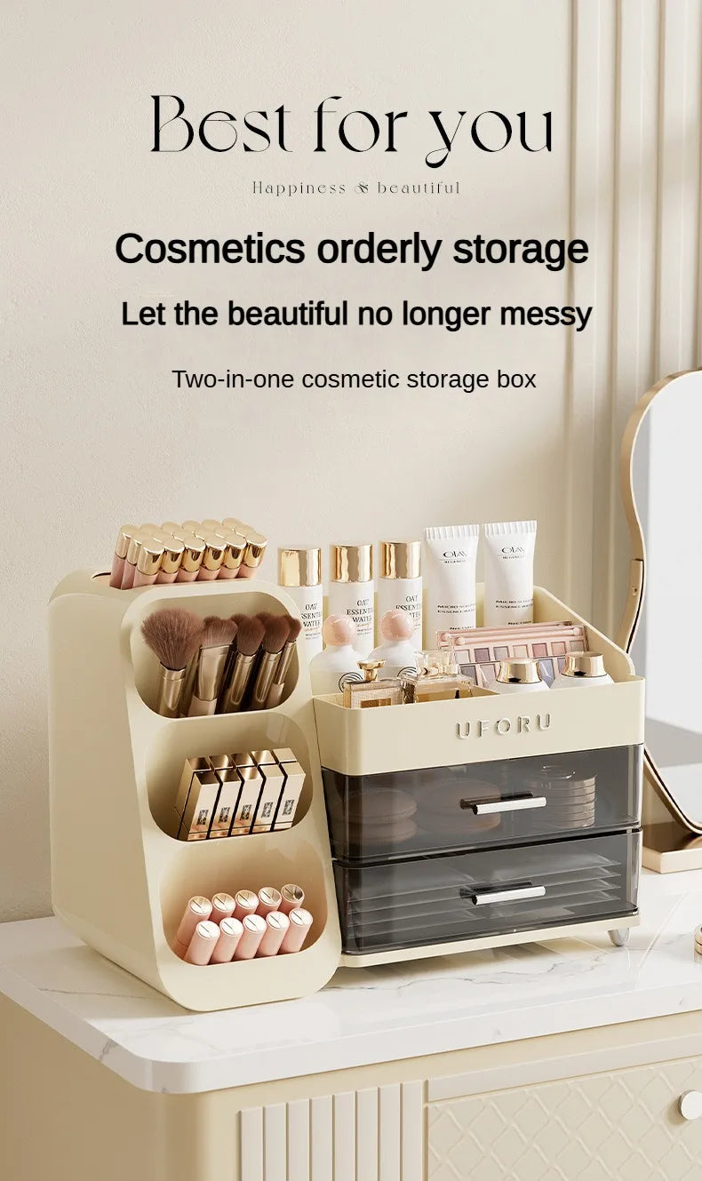 2 Drawers Makeup Organizer with Brush Holder Spacious Vanity Countertop Case for Skincare Perfumes Eyeshadow Palettes