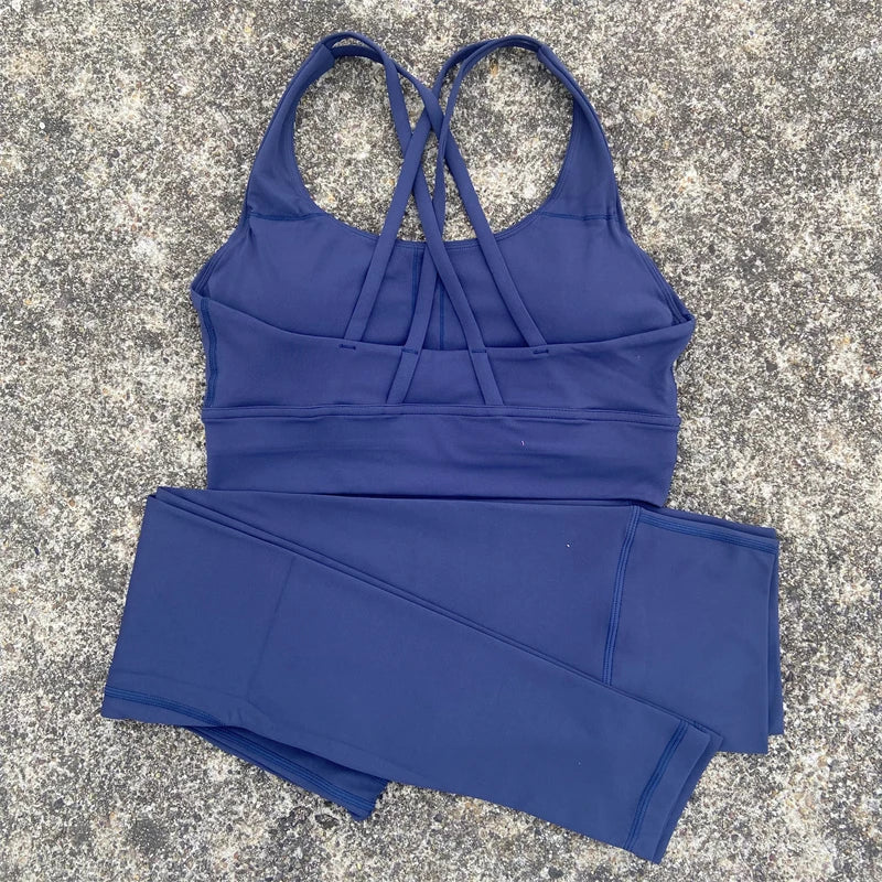 Yoga Set Gym Sports Set 2 Piece Women Workout Outfit Fitness Suit Cross Straps Bra Top And High Waist Leggings Running Tracksuit