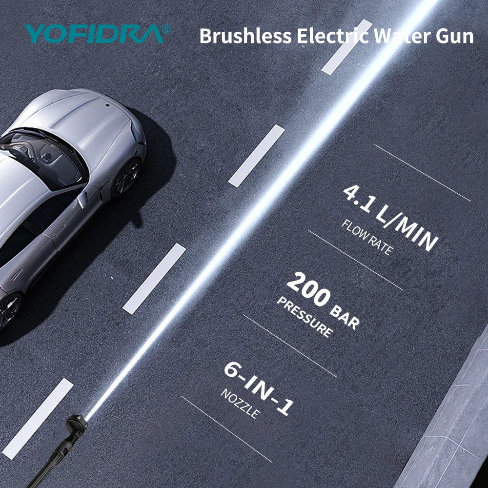 YOFIDRA Brushless 200Bar Car Washer Electric High Pressure Washer Water Gun 6IN1 Cordless Cleaning Garden For Makita Battery Pin