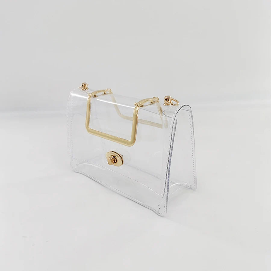 Summer jelly transparent pvc bag clear metal handle small square bag waterproof design chains flap shoulder crossbody bag beach