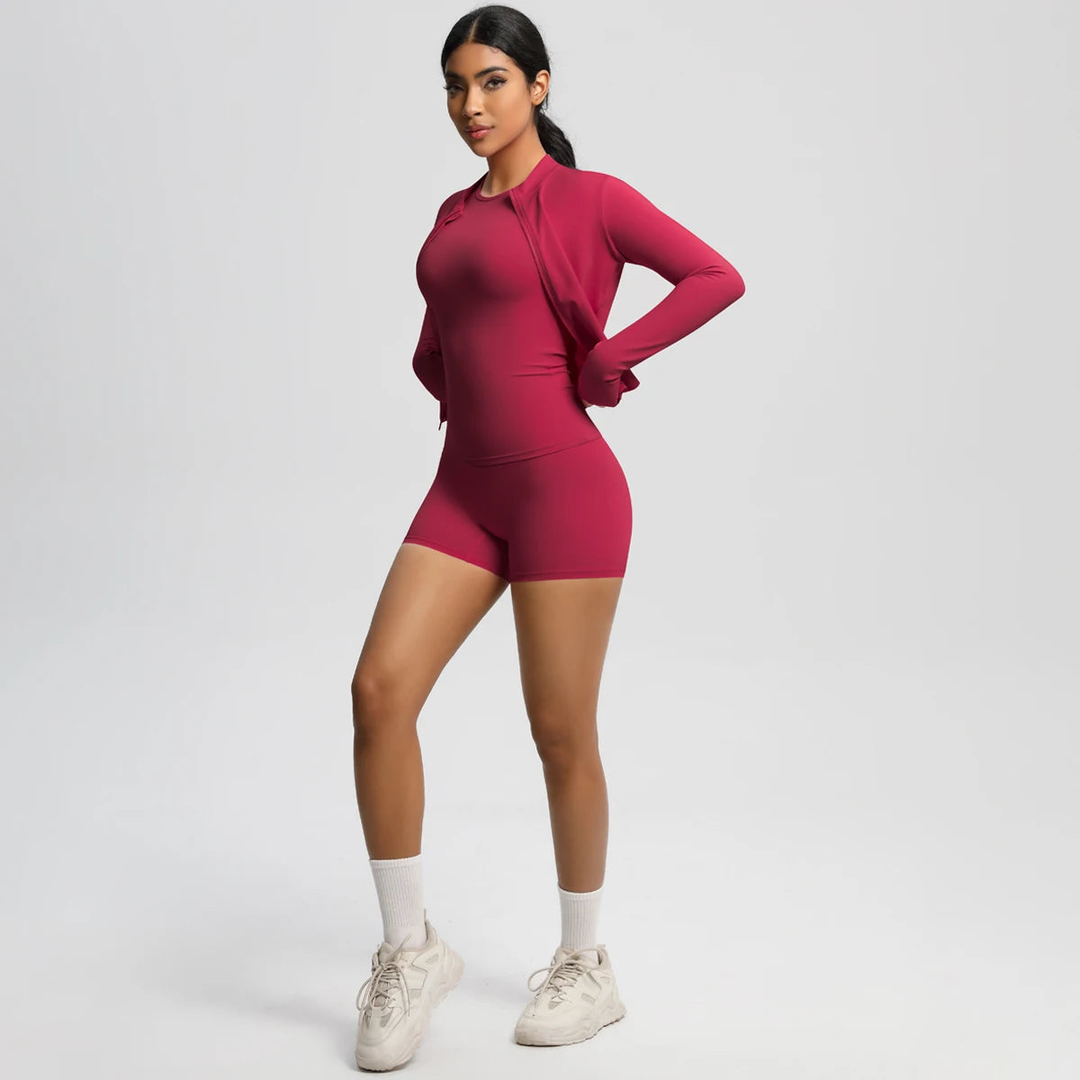 3PCS/set Sports Fitness Clothing Yoga Set Sports Running Long Sleeves Zipper Jacket High Waist Quick-Dry Shorts Gym Yoga Set