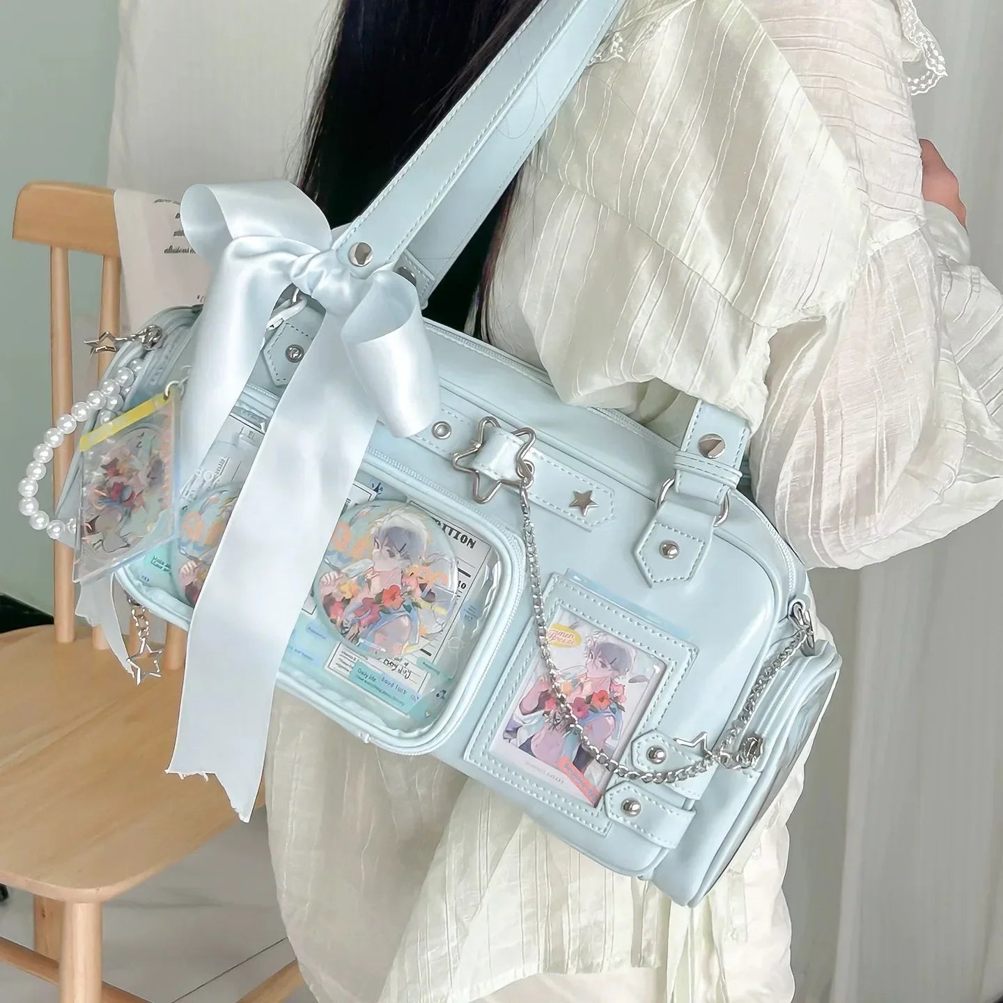 Star Chain Y2k Harajuku Shoulder Itabag Blue Lolita Girl Pain Bags Transparent Japanese Crossbody Bag New Concert Korean Handbag