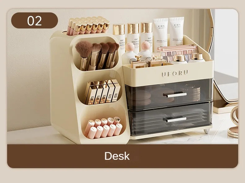 2 Drawers Makeup Organizer with Brush Holder Spacious Vanity Countertop Case for Skincare Perfumes Eyeshadow Palettes