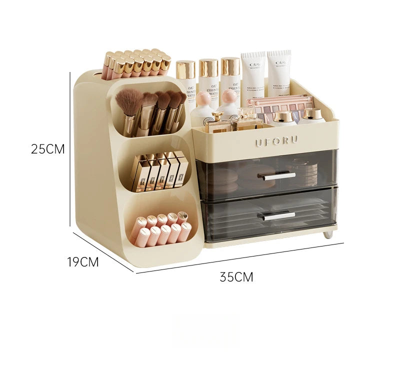 2 Drawers Makeup Organizer with Brush Holder Spacious Vanity Countertop Case for Skincare Perfumes Eyeshadow Palettes