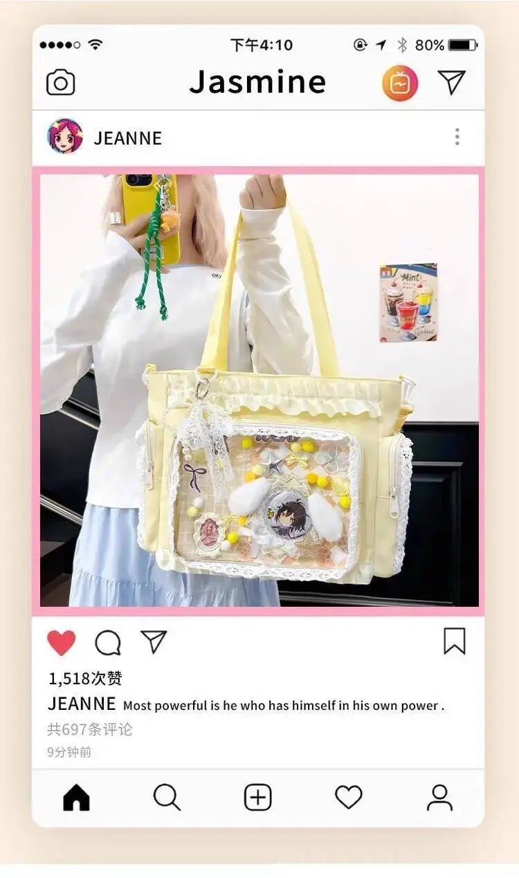 Y2K Sweet Ita Bag for Women Transparent Crossbody Shoulder Bag Large Capacity Lace Tote Bag Cute DIY Display Handbag