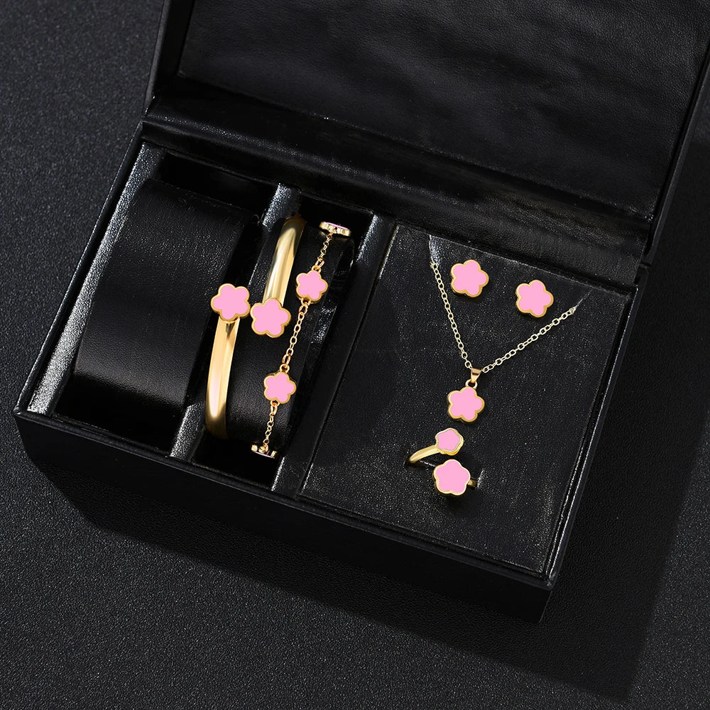 5pcs Lucky Five-petal Flower Women's Jewelry Set, Fashion Flower Bracelet + Necklace + Earrings + Bracelet + Ring, Birthday, Ann