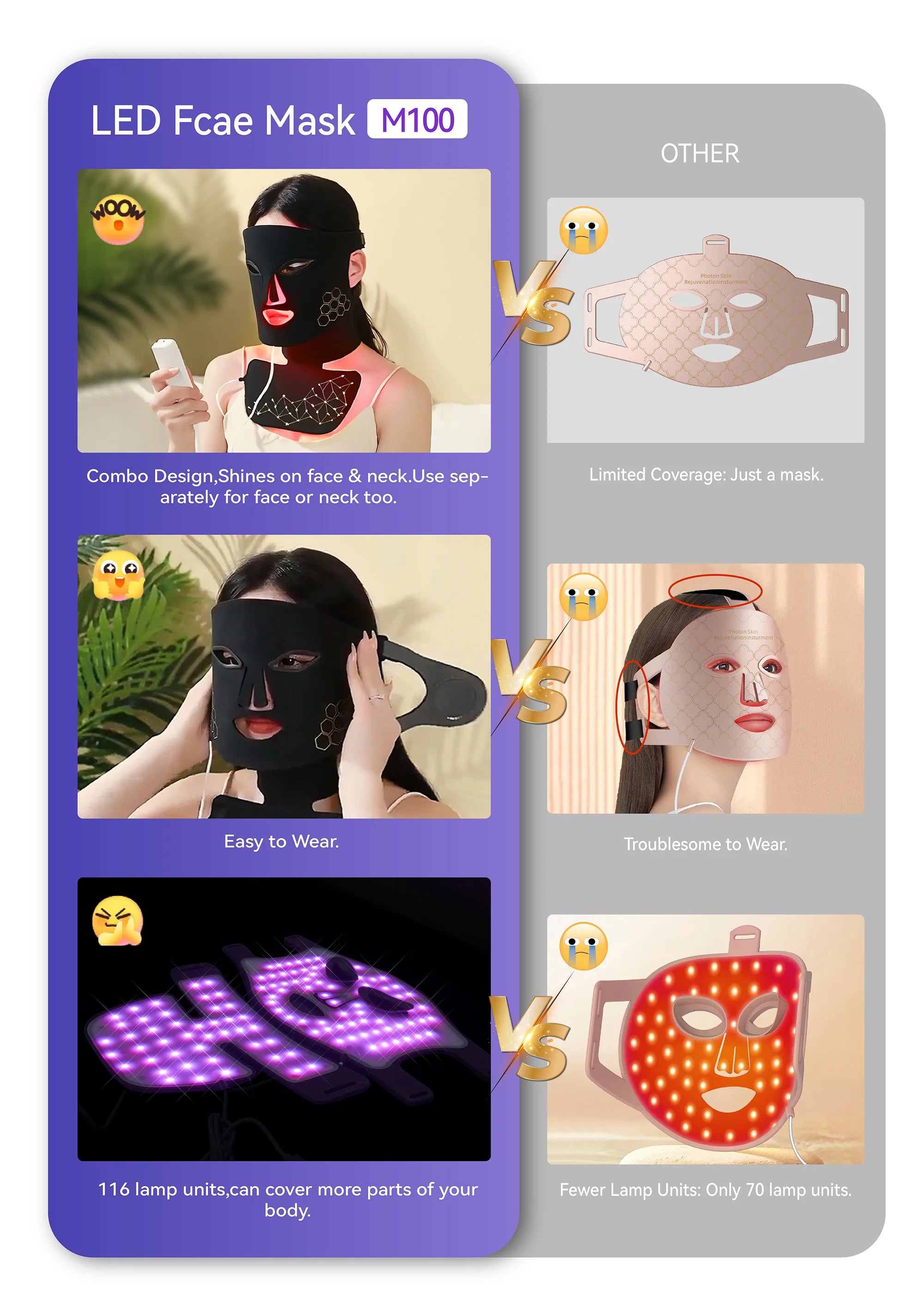 Hello Face Rechargeable Red Light Therapy Mask for Face & Neck  Infrared LED Mask Skincare Device for Glowing Skin