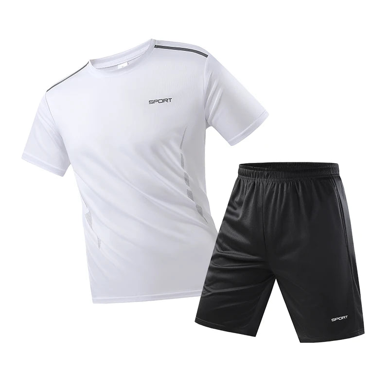 Mens Fitness Tracksuit Set Summer Casual Sporting Male Quick-Drying Short-Sleeved Tops+Shorts Sweatsuit 2 Piece Set Track Suit