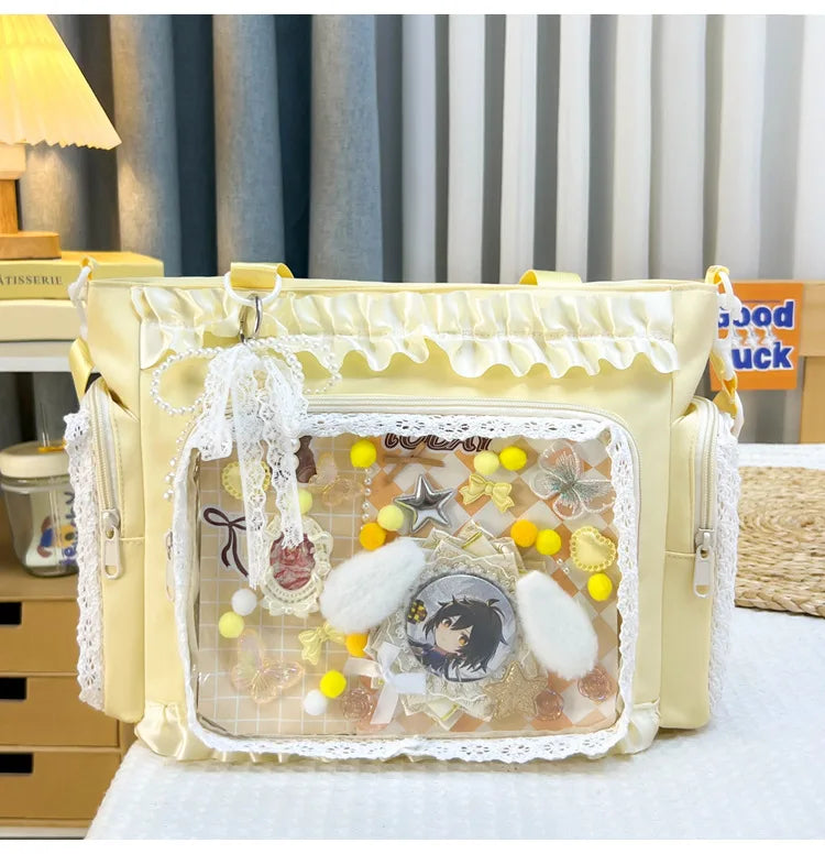 Y2K Sweet Ita Bag for Women Transparent Crossbody Shoulder Bag Large Capacity Lace Tote Bag Cute DIY Display Handbag