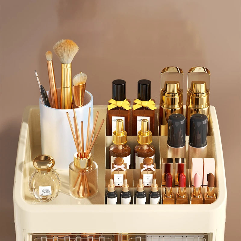 3 to 4-Tier Foldable Makeup Organizer with Drawer Function— Provides Spacious Storage for Cosmetics, Jewelry, Perfume, Lipstick, Makeup Brushes, Stationery, and Bathroom Supplies— Easy to Assemble, Compact Design Suitable