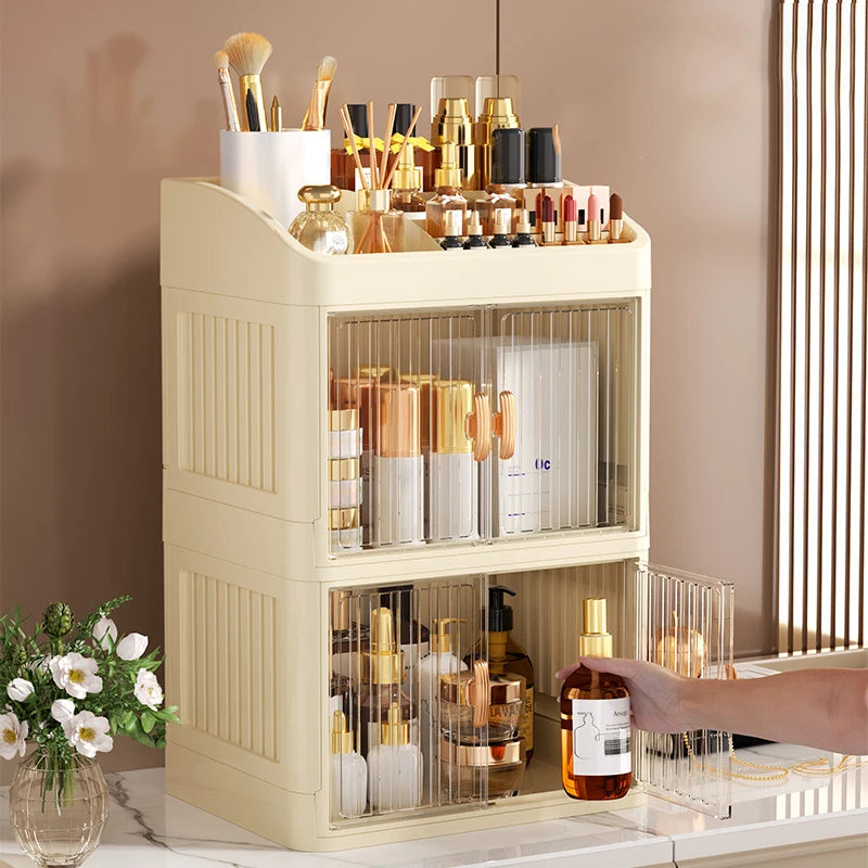 3 to 4-Tier Foldable Makeup Organizer with Drawer Function— Provides Spacious Storage for Cosmetics, Jewelry, Perfume, Lipstick, Makeup Brushes, Stationery, and Bathroom Supplies— Easy to Assemble, Compact Design Suitable