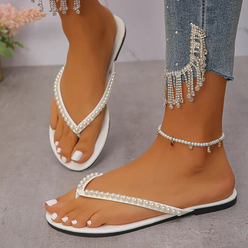 Fashion Pearls Beach Flip Flops for Women 2025 Summer Clip Toe Flat Slides Sandals Woman Comfortable Non Slip Outdoor Slippers