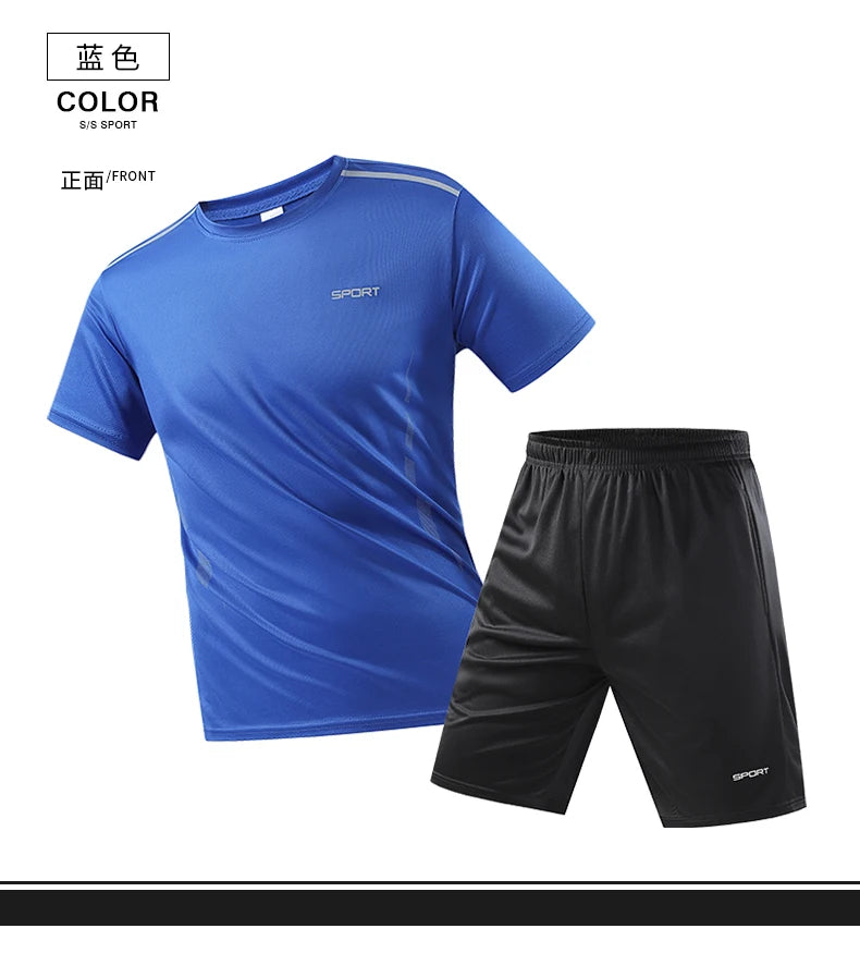 Mens Fitness Tracksuit Set Summer Casual Sporting Male Quick-Drying Short-Sleeved Tops+Shorts Sweatsuit 2 Piece Set Track Suit
