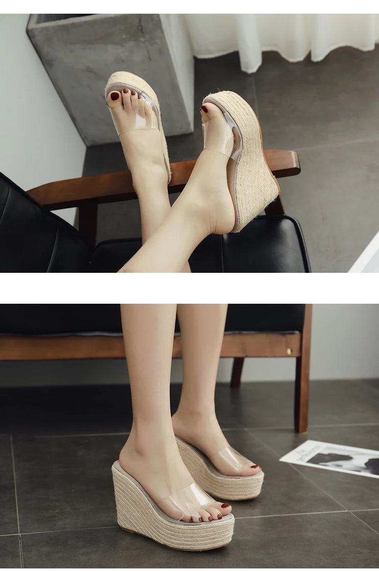 Summer PVC Jelly Sandals Casual Sexy Wedges Slippers 11.5CM/15CM Women's High heels shoes Comfortable Slippers Large Size 34-40
