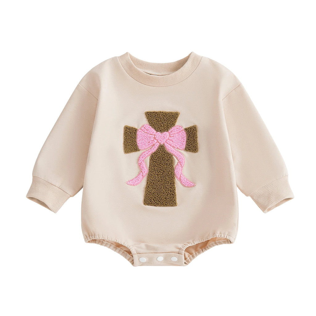 Infant Girl Fall Sweater Jumpsuit with Long Sleeves and O Neckline Adorned with Bow and Cross Embroidery