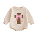 Infant Girl Fall Sweater Jumpsuit with Long Sleeves and O Neckline Adorned with Bow and Cross Embroidery