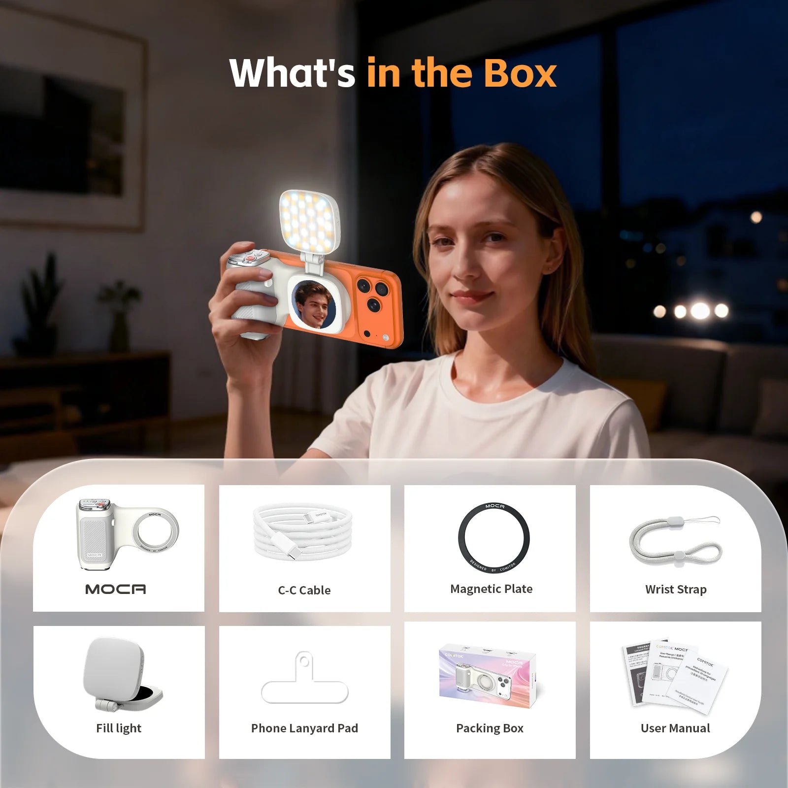 COMITOK MOCA iPhone Wireless Selfie Booster, with Focus Lock/DSLR Shutter,Rechargeable Remote Control+Optional Mirror/Fill Light