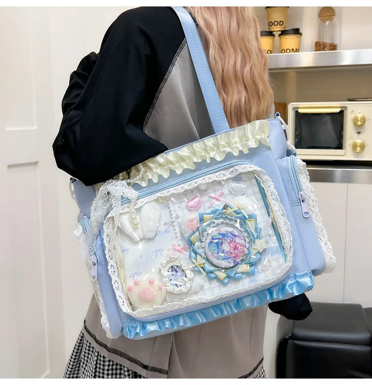 Y2K Sweet Ita Bag for Women Transparent Crossbody Shoulder Bag Large Capacity Lace Tote Bag Cute DIY Display Handbag