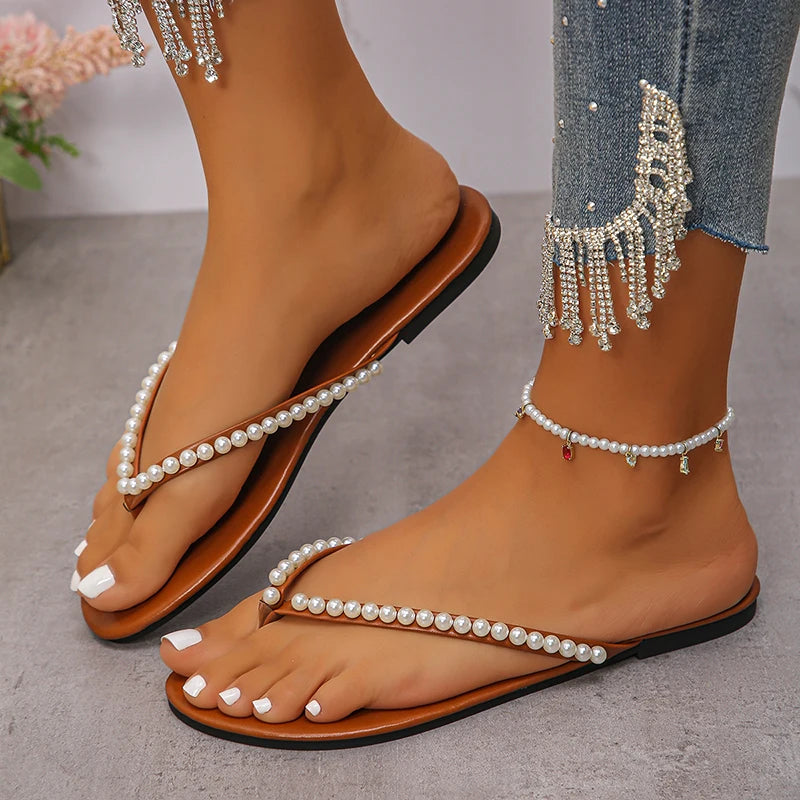 Fashion Pearls Beach Flip Flops for Women 2025 Summer Clip Toe Flat Slides Sandals Woman Comfortable Non Slip Outdoor Slippers