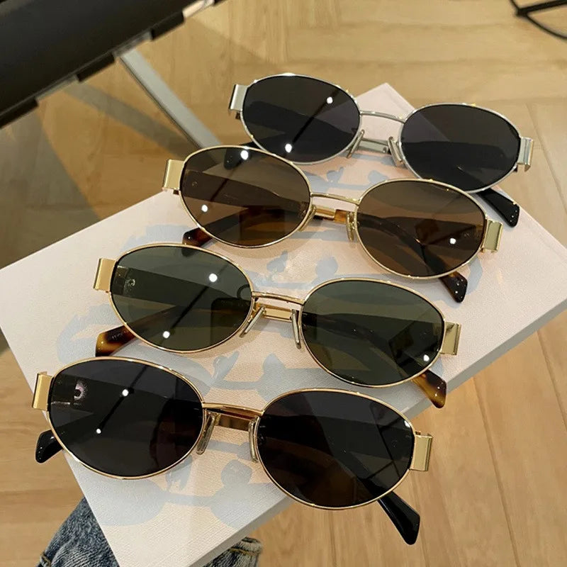 Trendy Oval Sunglasses for Women 2025 Luxury Brand Designer Metal Frame Sun Glasses Ladies Classic Vintage Round Shades Unisex