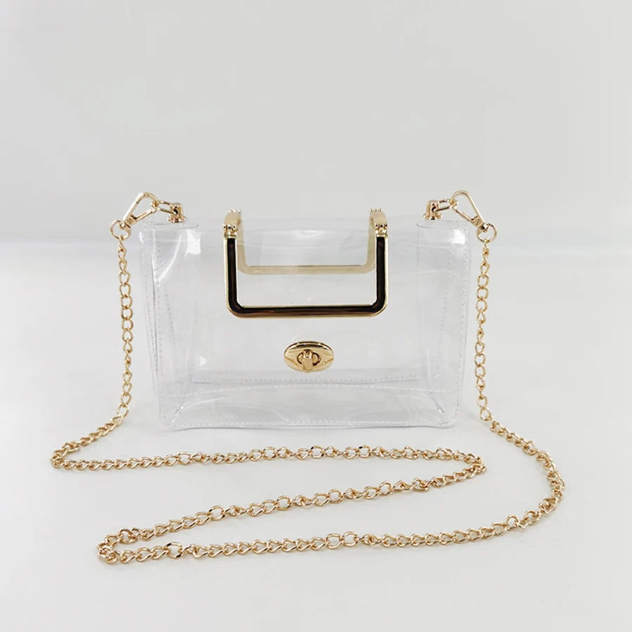 Summer jelly transparent pvc bag clear metal handle small square bag waterproof design chains flap shoulder crossbody bag beach