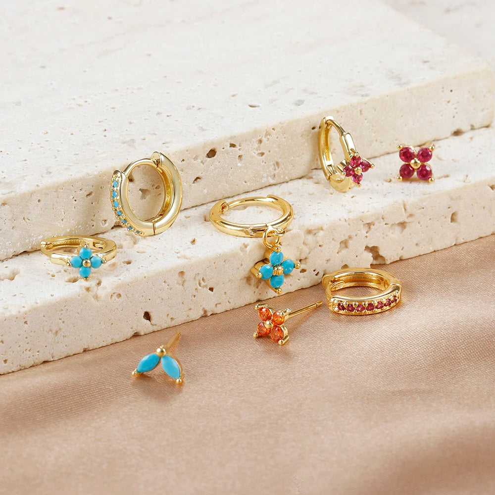 4pcs Fashion Cubic Zirconia Flower Hoop Earrings Set 18K Gold Plated Stainless Steel Stud Earring Piercing Jewelry aretes mujer