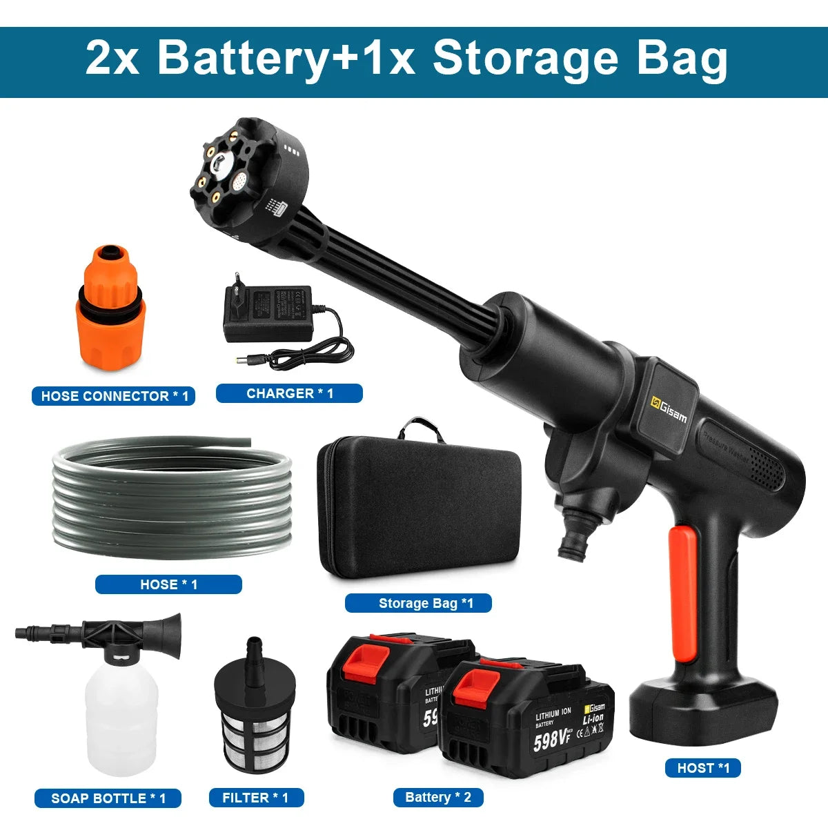 Gisam 200Bar Brushless Electric High Pressure Washer 6IN1 Car Wash Water Gun Garden Spray Gun Power Tool for Makita 18V Battery