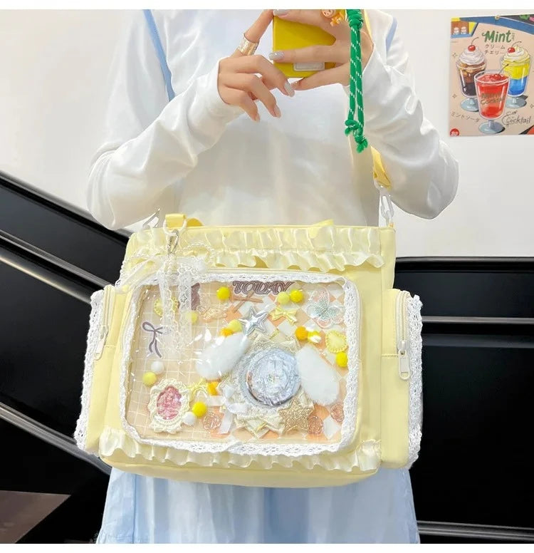 Y2K Sweet Ita Bag for Women Transparent Crossbody Shoulder Bag Large Capacity Lace Tote Bag Cute DIY Display Handbag