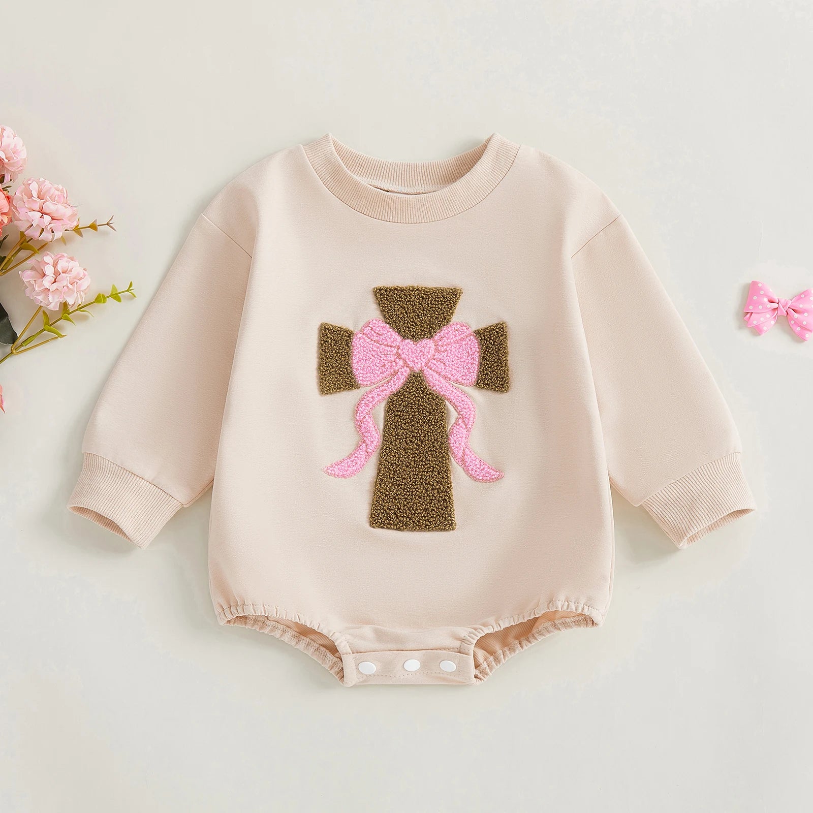 Infant Girl Fall Sweater Jumpsuit with Long Sleeves and O Neckline Adorned with Bow and Cross Embroidery