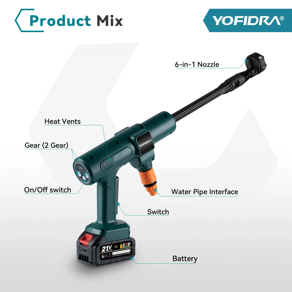 YOFIDRA 200Bar Brushless Electric High Pressure Washer Water Gun 6IN1 Cordless Car Washer Cleaning Garden For Makita Battery Pin