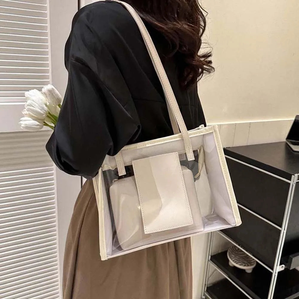 2pcs/set Elegant Transparent Jelly Bag Large Capacity Candy Color PVC Composite Tote Bags Storage Pouch PU Leather Handbag Women