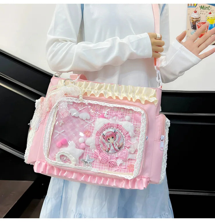 Y2K Sweet Ita Bag for Women Transparent Crossbody Shoulder Bag Large Capacity Lace Tote Bag Cute DIY Display Handbag