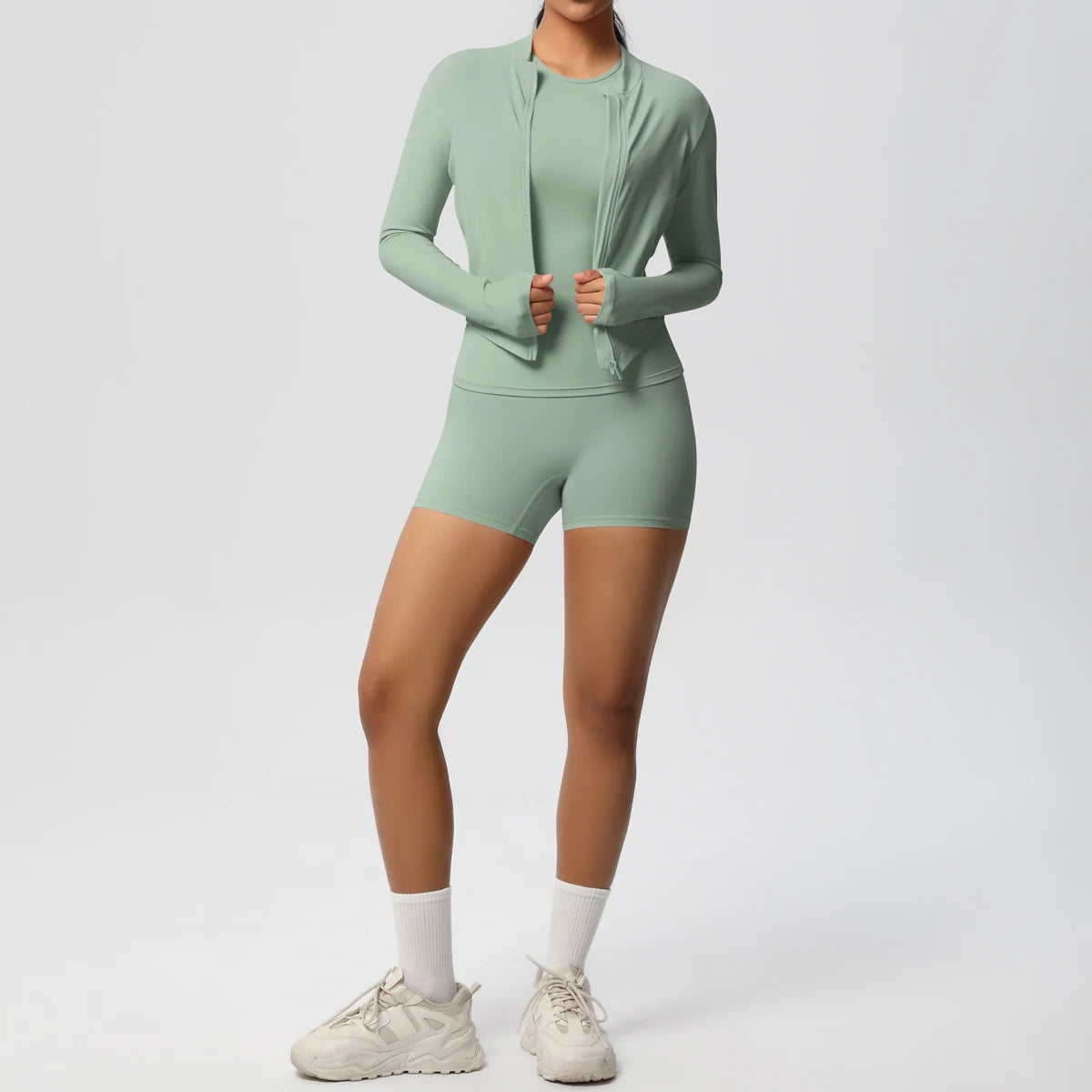 3PCS/set Sports Fitness Clothing Yoga Set Sports Running Long Sleeves Zipper Jacket High Waist Quick-Dry Shorts Gym Yoga Set