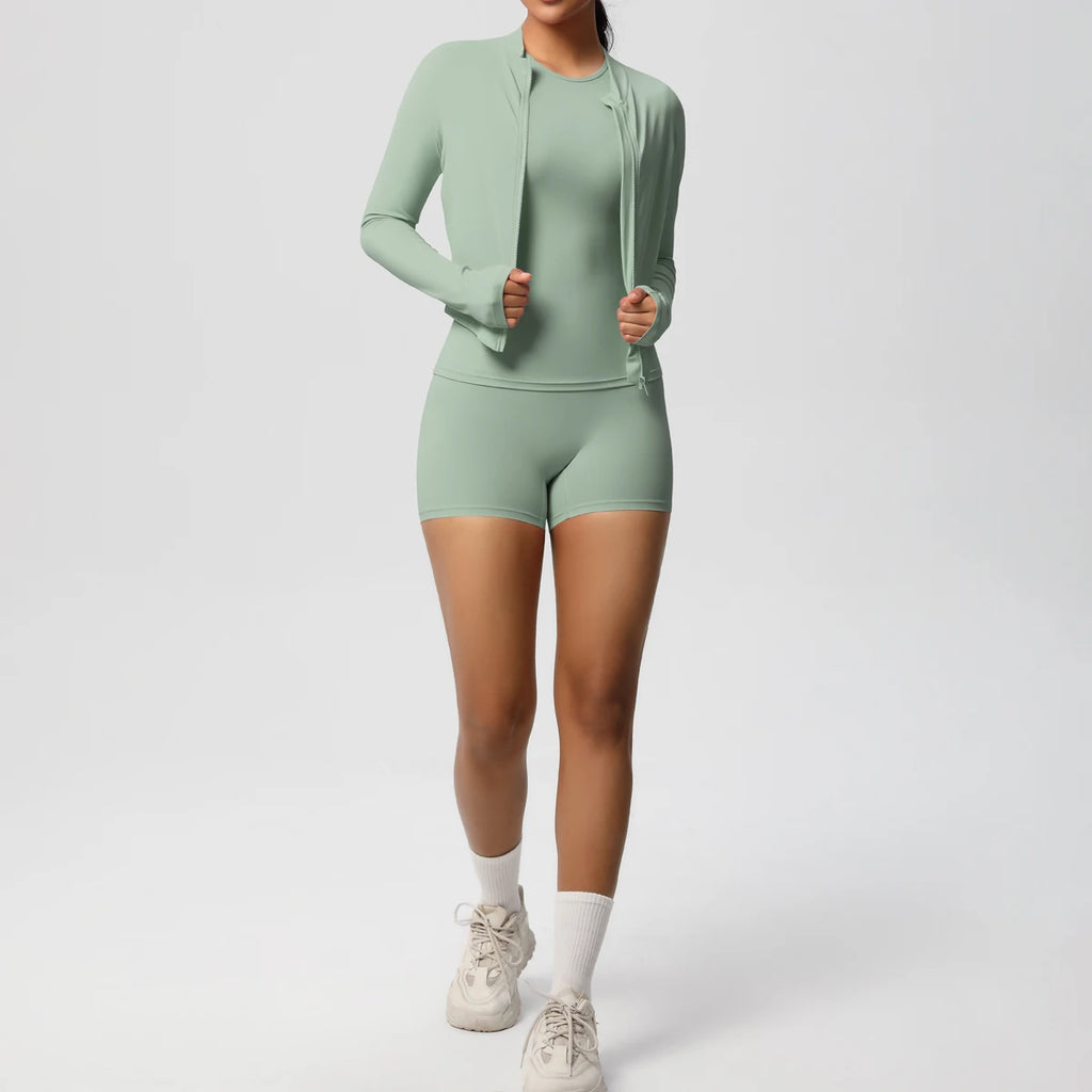 3PCS/set Sports Fitness Clothing Yoga Set Sports Running Long Sleeves Zipper Jacket High Waist Quick-Dry Shorts Gym Yoga Set