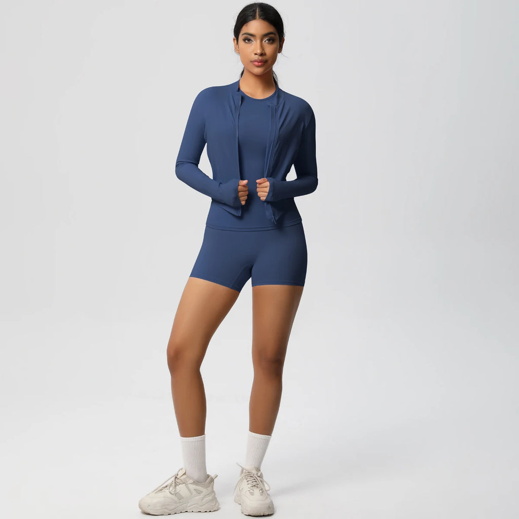 3PCS/set Sports Fitness Clothing Yoga Set Sports Running Long Sleeves Zipper Jacket High Waist Quick-Dry Shorts Gym Yoga Set