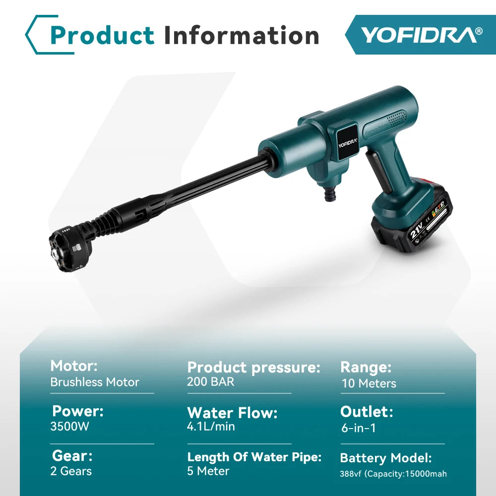 YOFIDRA 200Bar Brushless Electric High Pressure Washer Water Gun 6IN1 Cordless Car Washer Cleaning Garden For Makita Battery Pin