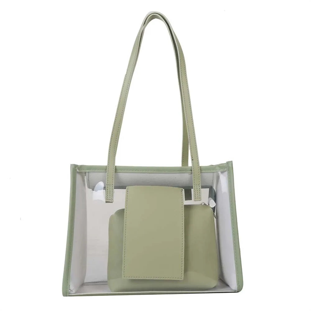 2pcs/set Elegant Transparent Jelly Bag Large Capacity Candy Color PVC Composite Tote Bags Storage Pouch PU Leather Handbag Women
