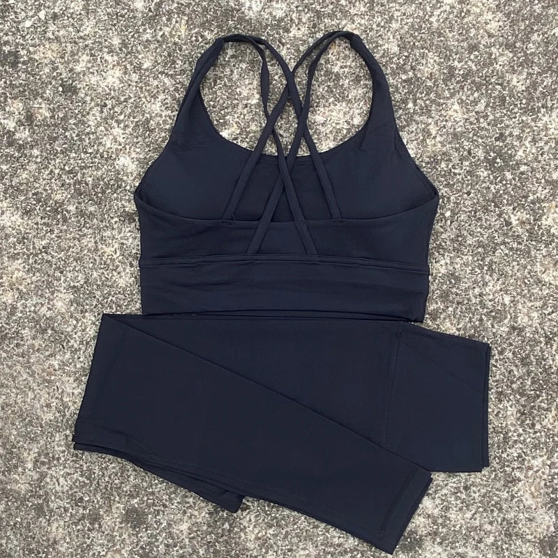 Yoga Set Gym Sports Set 2 Piece Women Workout Outfit Fitness Suit Cross Straps Bra Top And High Waist Leggings Running Tracksuit