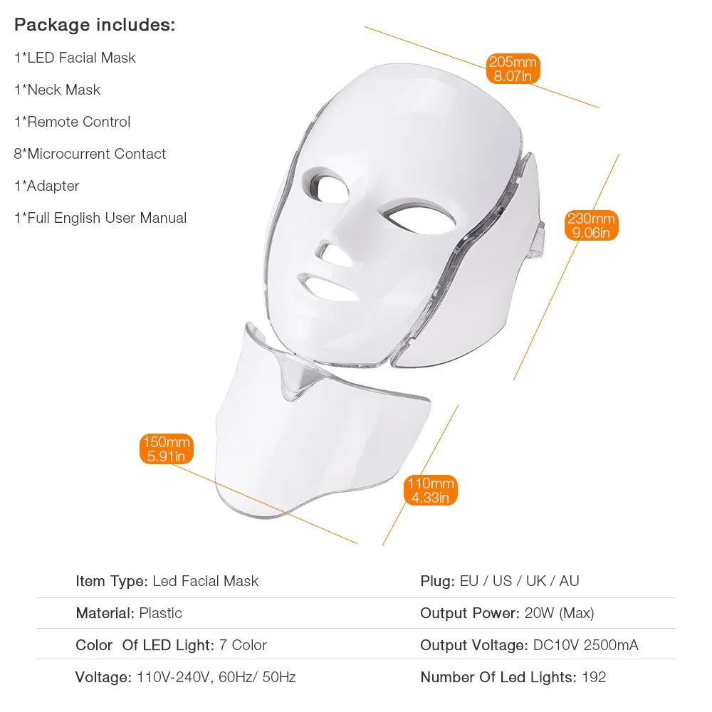 LED Facial Mask with Neck 7 Colors Light Therapy Red Light Facial Mask for Anti-Aging Photon Therapy Whitening Tightening