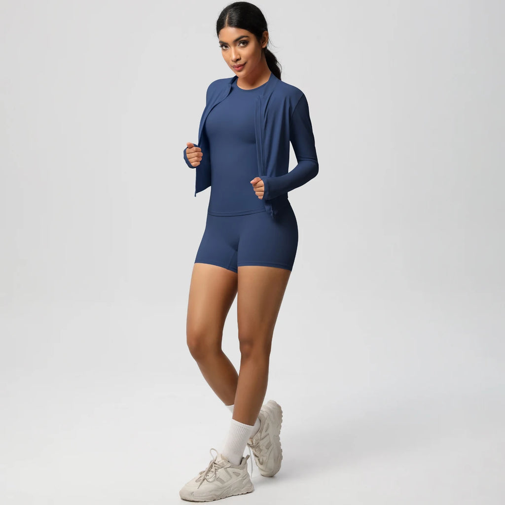 3PCS/set Sports Fitness Clothing Yoga Set Sports Running Long Sleeves Zipper Jacket High Waist Quick-Dry Shorts Gym Yoga Set