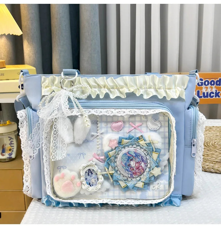 Y2K Sweet Ita Bag for Women Transparent Crossbody Shoulder Bag Large Capacity Lace Tote Bag Cute DIY Display Handbag