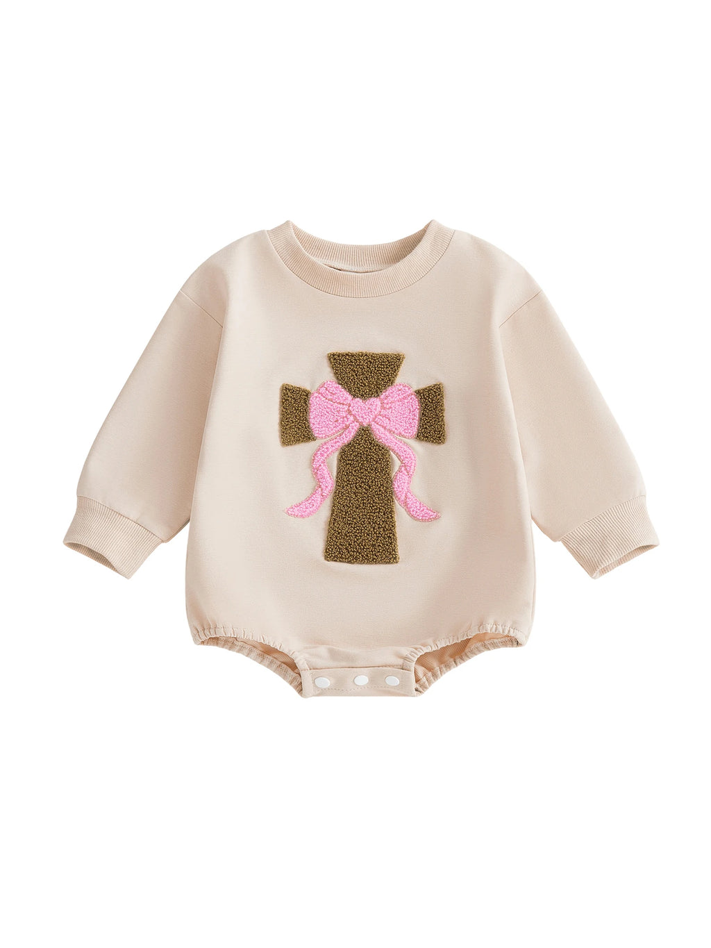 Infant Girl Fall Sweater Jumpsuit with Long Sleeves and O Neckline Adorned with Bow and Cross Embroidery