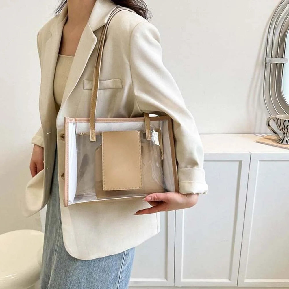 2pcs/set Elegant Transparent Jelly Bag Large Capacity Candy Color PVC Composite Tote Bags Storage Pouch PU Leather Handbag Women